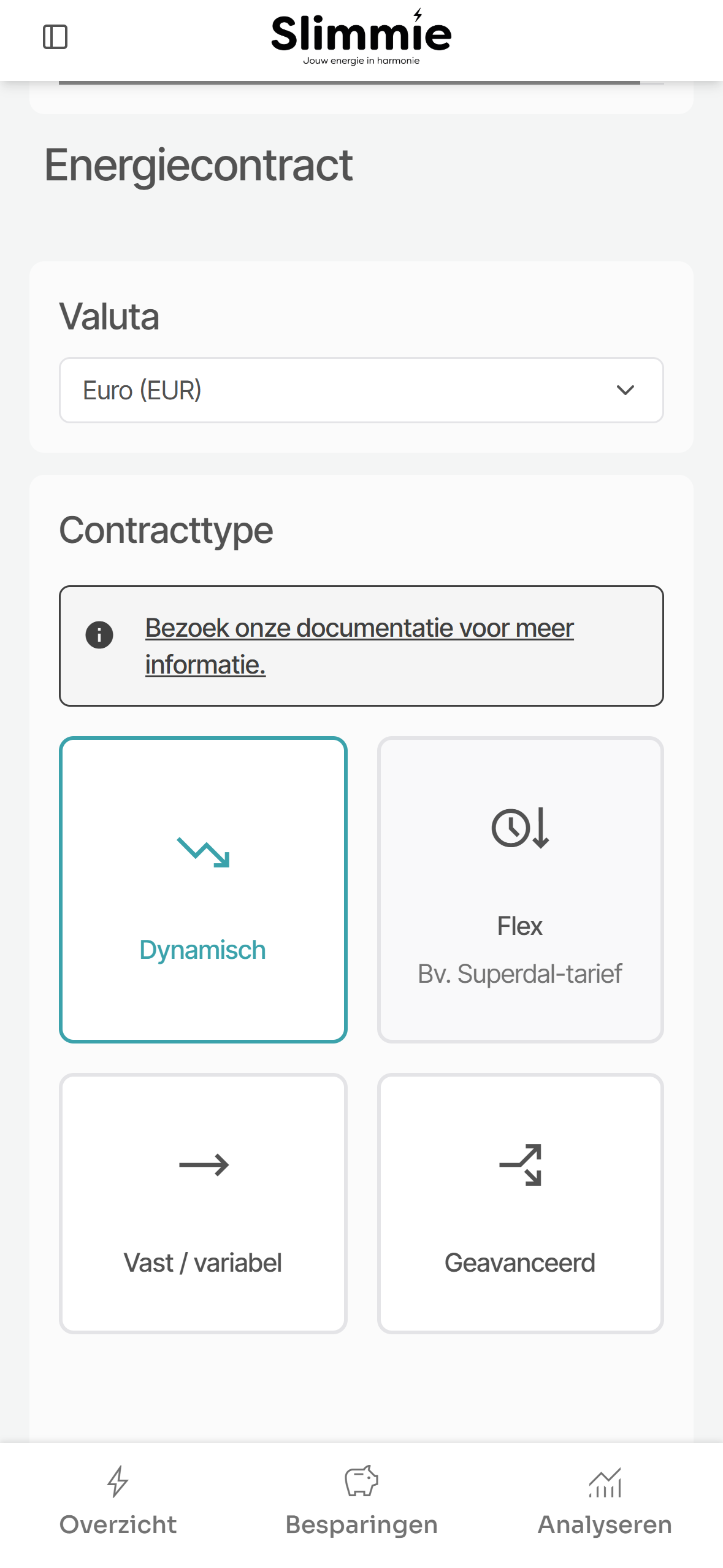 Selectie van het energiecontract in de Slimmie App